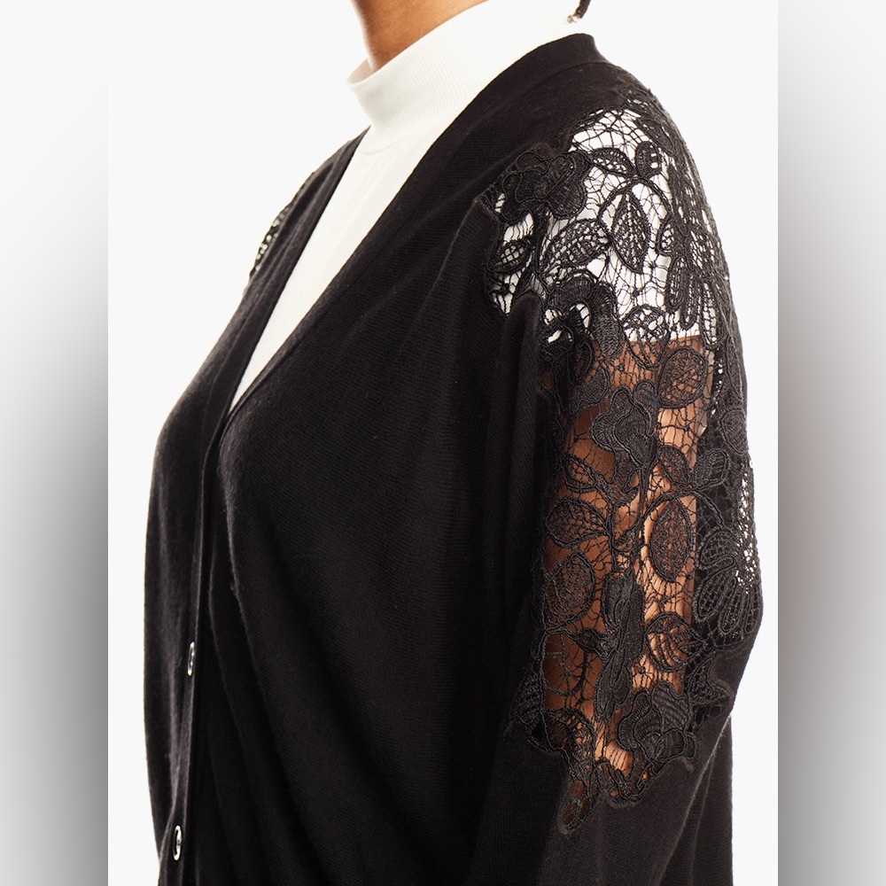 Massimo Dutti Womens Black Knit Lace Embroidered Cardigan Button Up Size Small